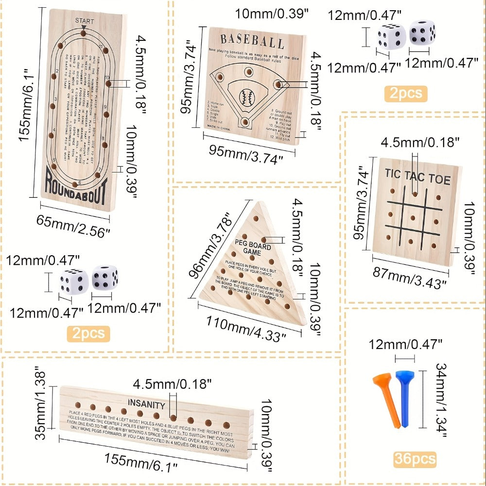 Wooden Board Game Set 5-in-1 – Luban Lock Puzzle Brain Games with Peg Board, Dice & Plastic Pieces, Classic Family Strategy Games Kit