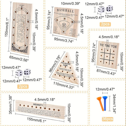 Wooden Board Game Set 5-in-1 – Luban Lock Puzzle Brain Games with Peg Board, Dice & Plastic Pieces, Classic Family Strategy Games Kit