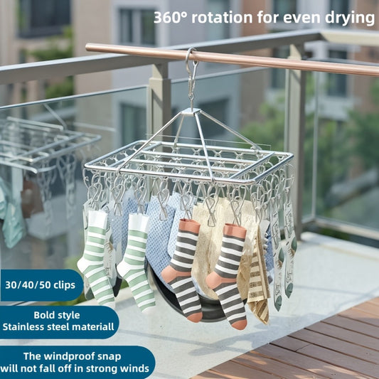 Stainless Steel Hanging Laundry Drying Rack with Square or Round Frame and 30, 40 or 50 Garment Clips