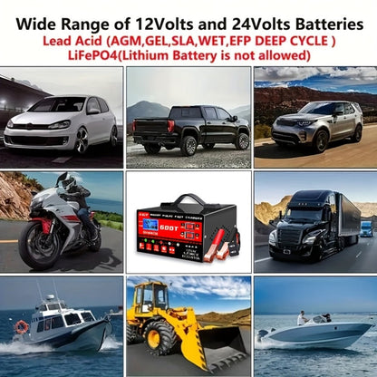 Smart Battery Charger 12V/24V with Pulse Repair & LCD Screen – Trickle Charger & Maintainer for Car, Truck, Motorcycle, Boat, Lawn Mower