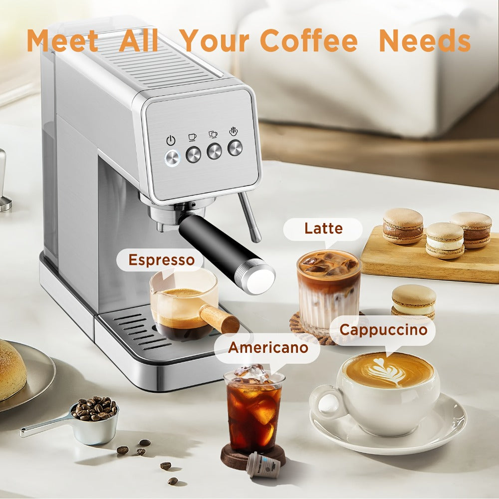 Espresso Machine 20 Bar with Steam Milk Frother, Compact Stainless Steel Espresso Maker, 40oz Removable Water Tank