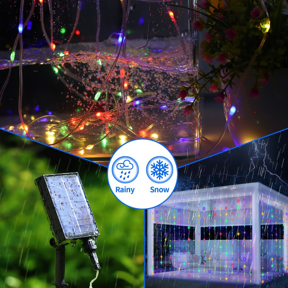 Solar Curtain Lights Outdoor 300 LED Waterfall Fairy String Lights with 8 Modes Remote for Entryways, Bedrooms and Living Spaces