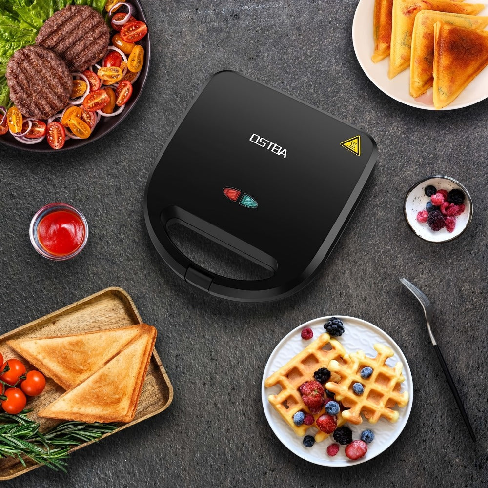 OSTBA 3-in-1 Sandwich Maker Panini Press Waffle Iron 750W Removable Non-Stick Plates for Grilling, Camping and Outdoor Meals