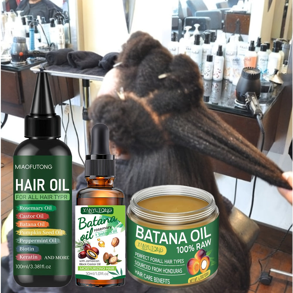 Biotin Hair Oil 3-Piece Set with Cold-Pressed Bataina Oil Essential Oil & Conditioner, Strengthens Breakage Split Ends Enhances Shine