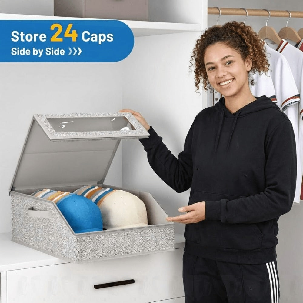 Baseball Cap Organizer for Closet, Large Hat Storage Box Holds 24 Ball Caps, Clear Window, Dustproof