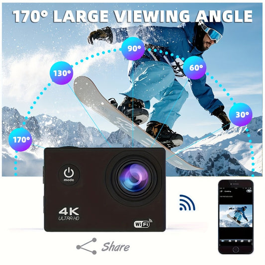4K-Labeled WiFi Action Camera with 170-Degree Lens, 2-Inch Display, 32GB Card, Remote and Mounting Kit