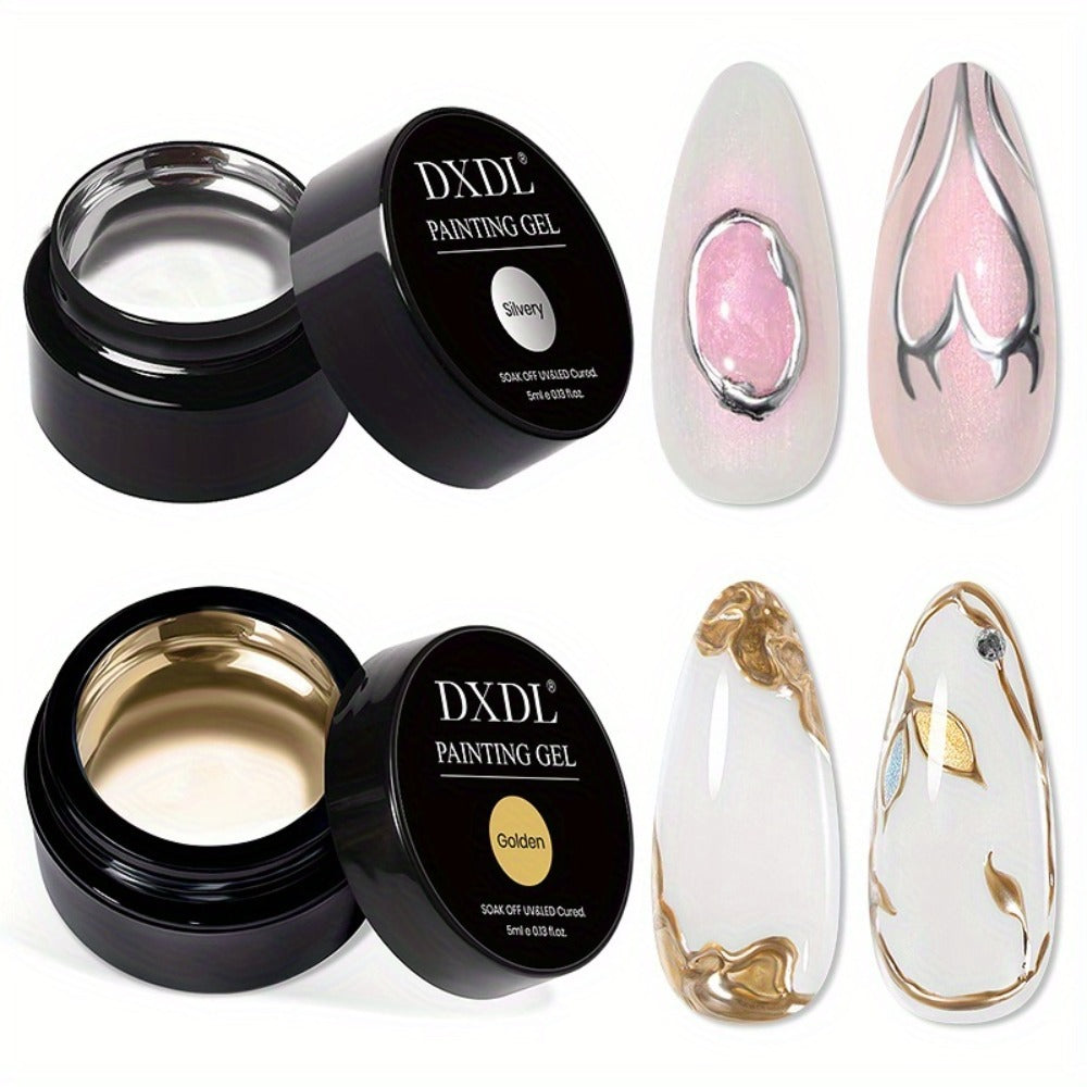 Chrome Mirror Nail Art Liner Gel Set 2pcs Gold & Silver – 3D Metallic Mirror Effect Soak-Off Painting Gel