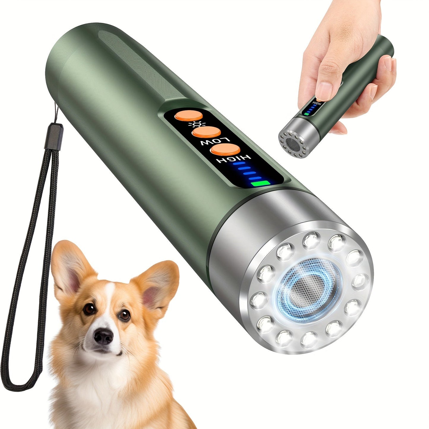 Cylindrical Rechargeable Ultrasonic Dog Training Aid with Flashlight and Green or Silver Finish