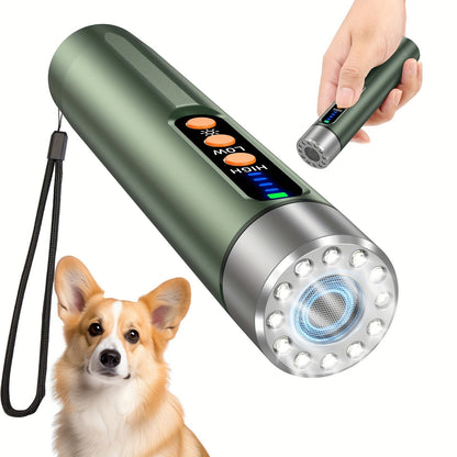 Cylindrical Rechargeable Ultrasonic Dog Training Aid with Flashlight and Green or Silver Finish