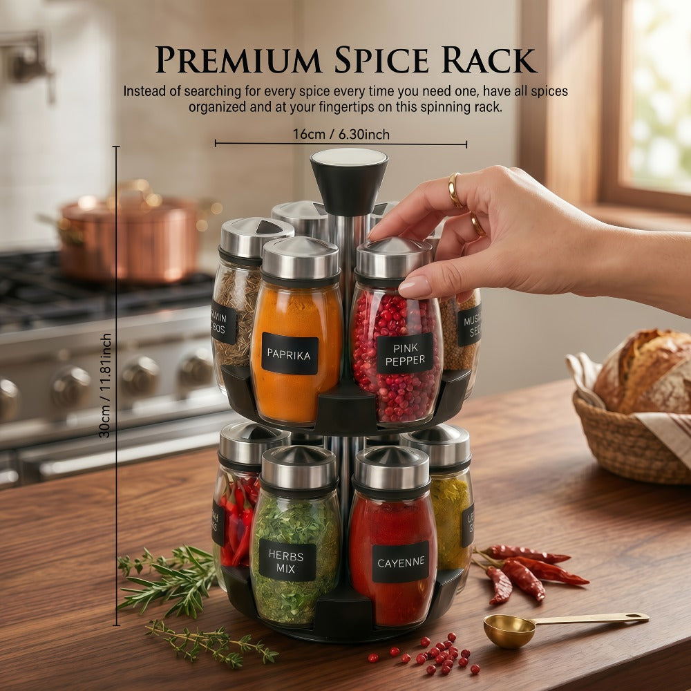 Glass Spice Jar Set with Rotating Rack, Airtight Kitchen Spice Organizer with 360° Stainless Steel Stand