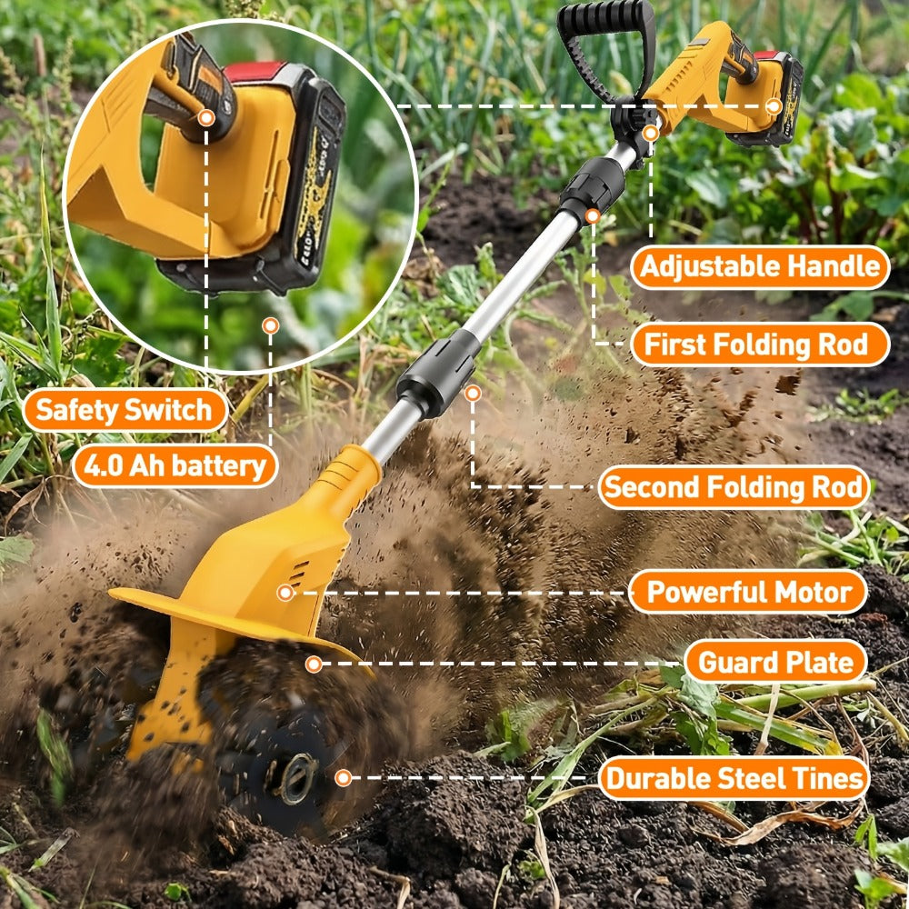 Electric Tiller Cultivator Cordless 20V Battery Powered - 8.6 Inch Tilling Width, Adjustable Handle