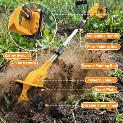 Electric Tiller Cultivator Cordless 20V Battery Powered - 8.6 Inch Tilling Width, Adjustable Handle