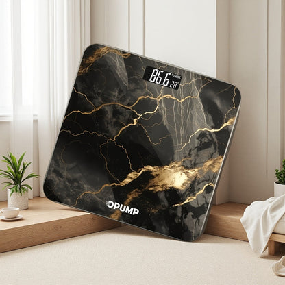 Patterned Digital Bathroom Scale with Top LED Display in Six Marble, Bronze, Black and Blue Styles