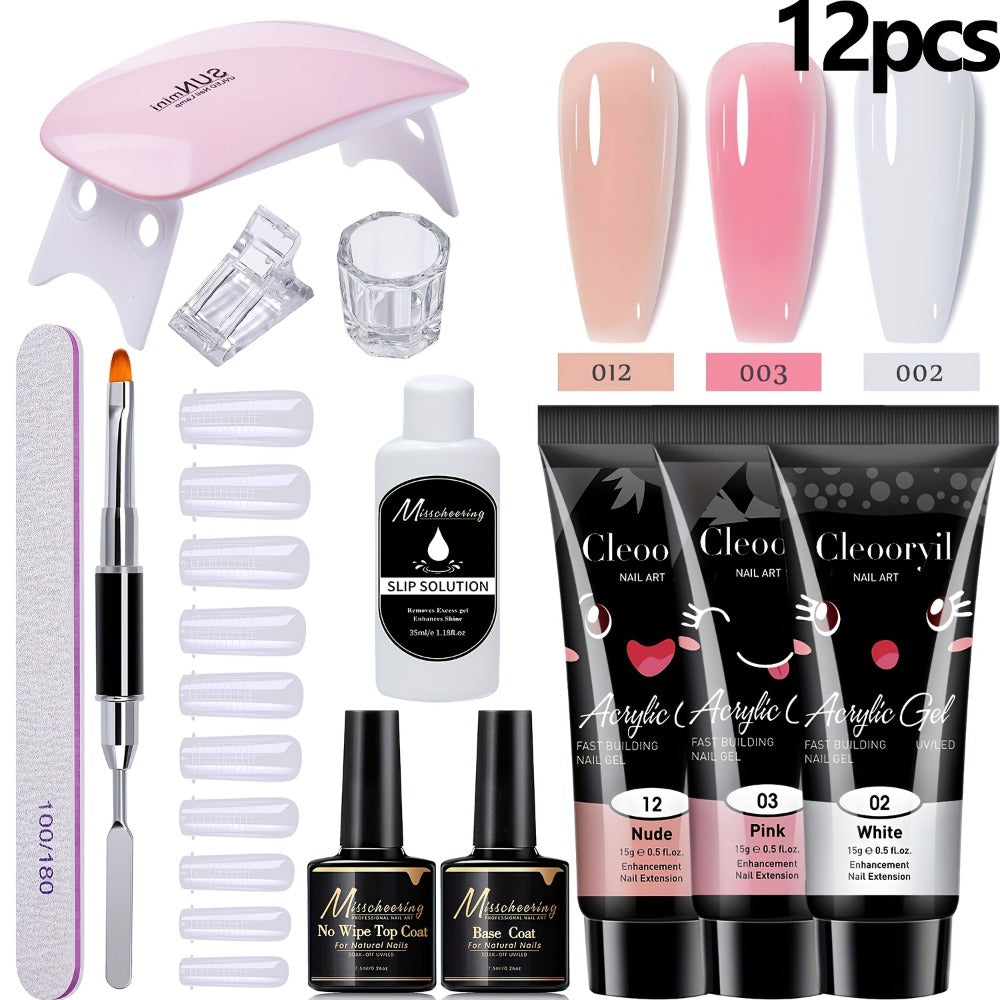 Polygel Nail Kit with LED Lamp 12Pcs Complete Poly Gel Nail Extension Builder Set with Stretch Gel Bicolor Base Coat Finger Sleeves DIY