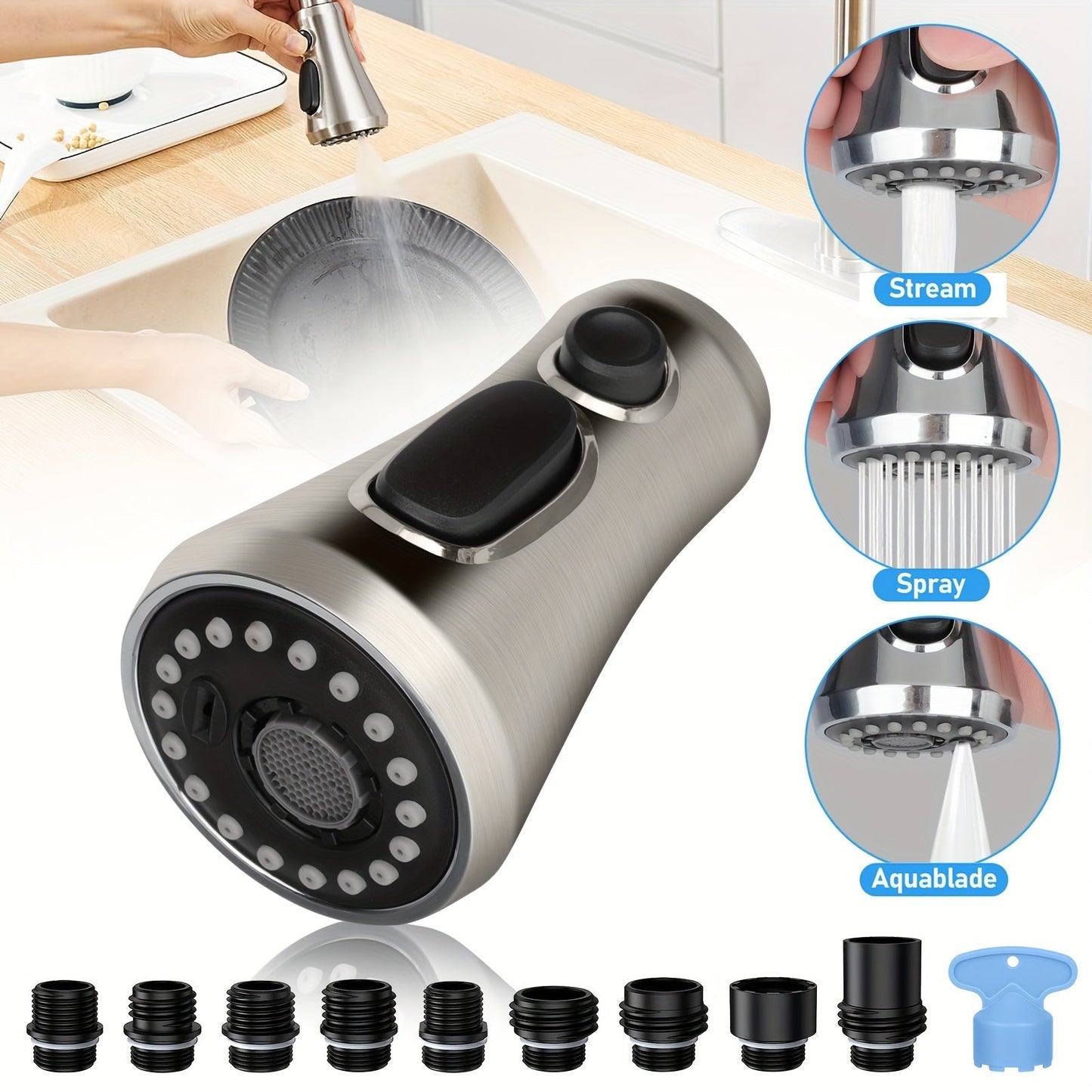 Kitchen Faucet Sprayer Head 3 Function Pull Down Replacement with 9 Adapter Kit Stream Spray for Home Plumbing Maintenance and Repair