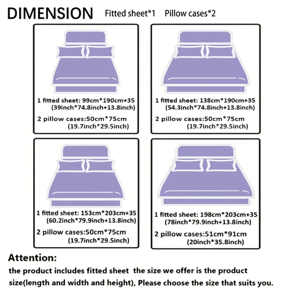 Fitted Sheet Set 3 Piece Digital Print Plaid – Deep Pocket 15 Inch Bed Sheet with 2 Pillowcases, 85% Polyester Soft Breathable Bedding Set