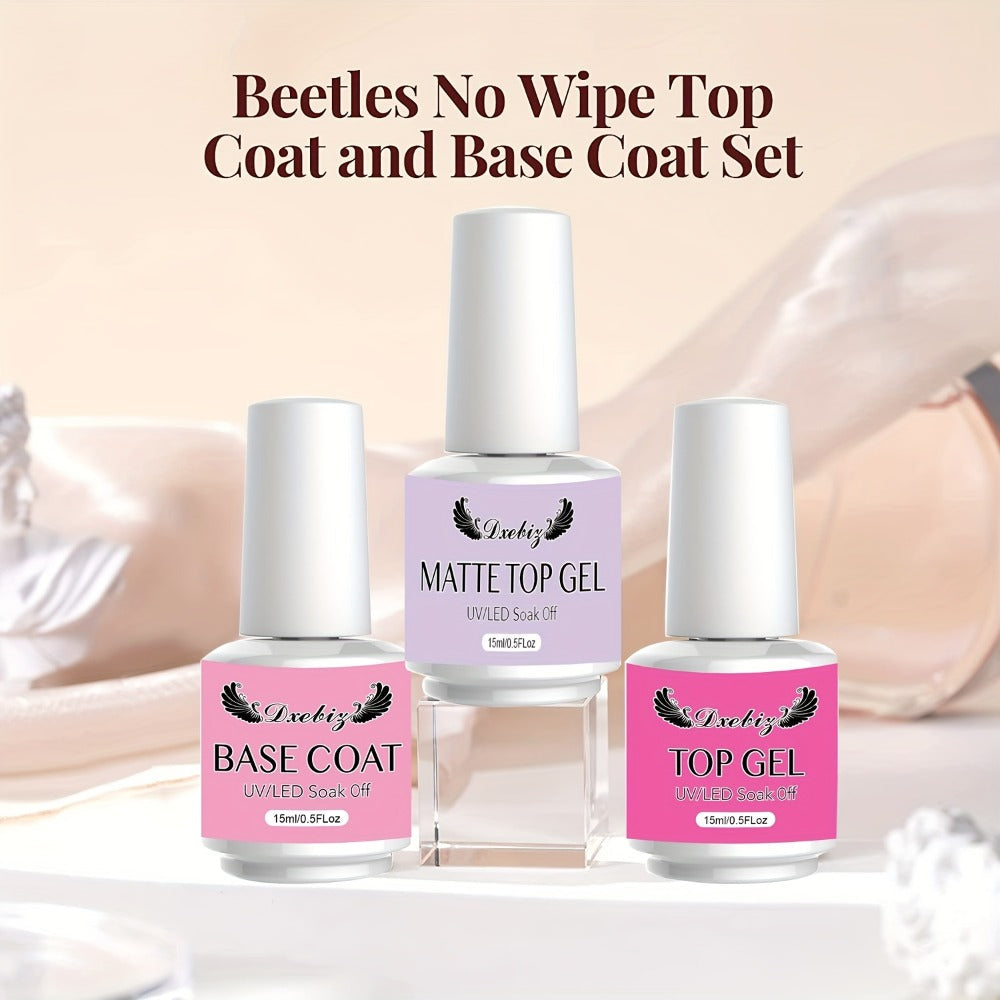 Gel Nail Polish 3-Piece Base and Top Coat Kit with No-Wipe Glossy, Matte and Base Gel for UV/LED Soak-Off Manicures