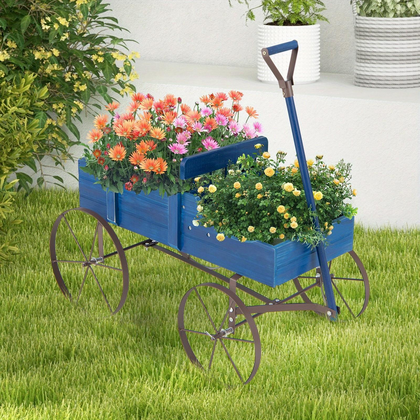 Garden Wagon Planter with Wheels – Rustic Fir Wood, 2-Section Planting Bed