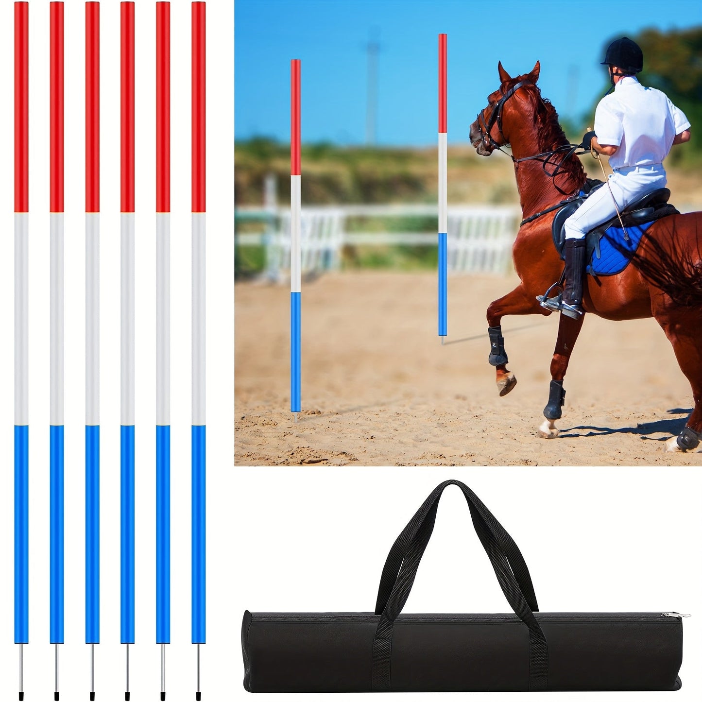 Horse Pole Bending Poles 6pcs 6FT with Carry Bag – Adjustable Equestrian Agility Training Poles for Horses & Dogs, Red White Blue