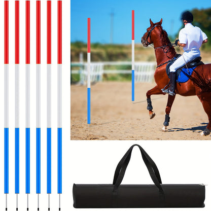 Horse Pole Bending Poles 6pcs 6FT with Carry Bag – Adjustable Equestrian Agility Training Poles for Horses & Dogs, Red White Blue