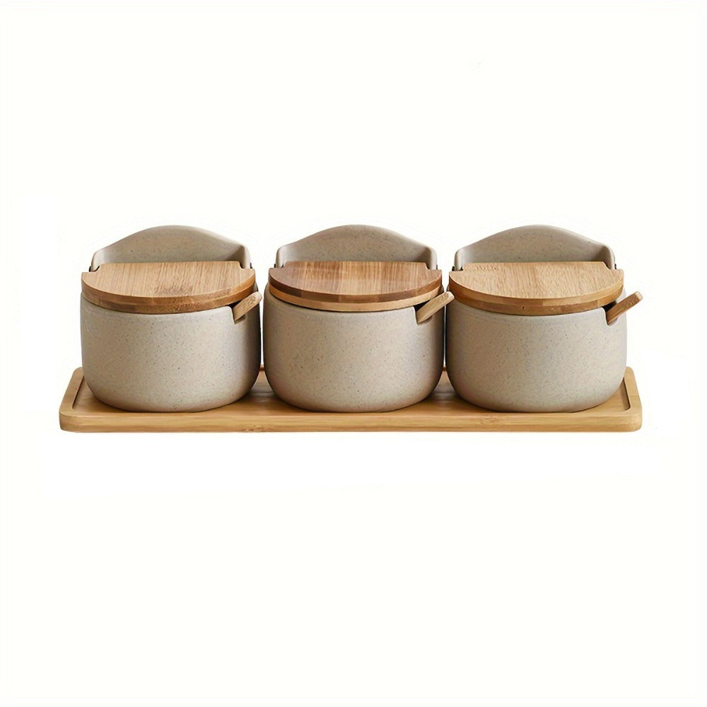 Ceramic Seasoning Pot Set with Lid & Spoon – Salt Pepper Spice Jar Container with Tray Kitchen Condiment Storage Organizer for Counter