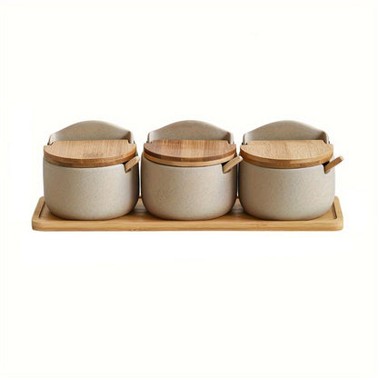 Ceramic Seasoning Pot Set with Lid & Spoon – Salt Pepper Spice Jar Container with Tray Kitchen Condiment Storage Organizer for Counter