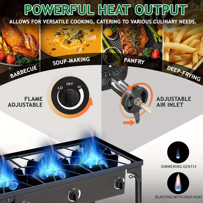 Outdoor Propane Burner Stove Cast Iron 1 or 3 Burner, 225000 BTU High-Pressure Cooker with Adjustable Heat