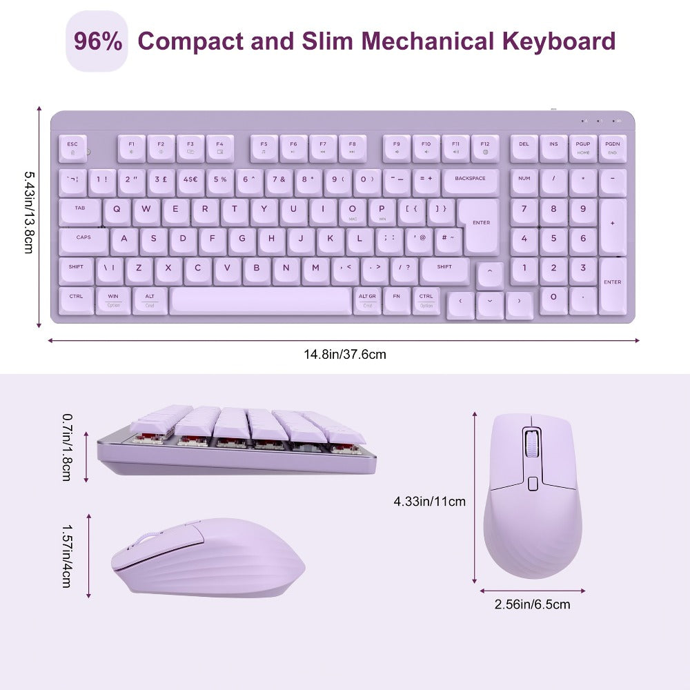 Wireless Keyboard and Mouse Combo 98 Keys Full Size, 2.4GHz, Mechanical Feel, Quiet Keys, Design for PC