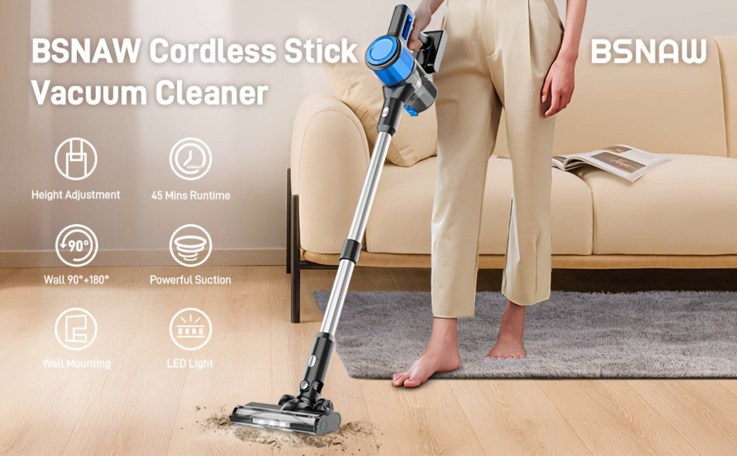Cordless Stick Vacuum Cleaner 56-68Kpa, 8-in-1 Handheld Vacuum with Rechargeable Battery, 45 Min Runtime for Hard Floors