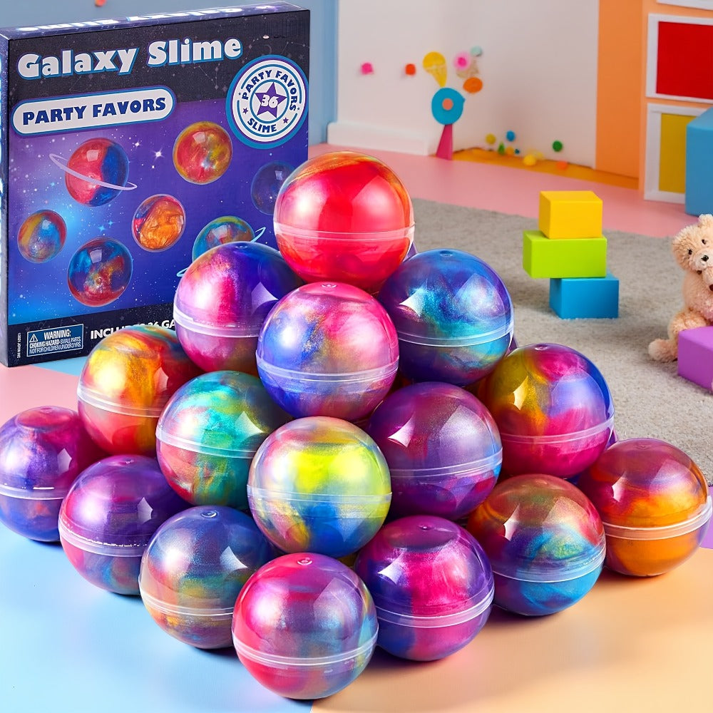 Galaxy Slime Balls 36 Pack Party Favors, Non-Sticky Bendable Slime Spheres for Kids Birthday, Classroom Rewards
