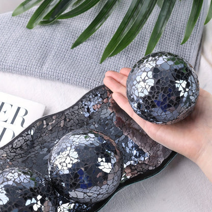 Decorative Glass Balls for Bowls 3 Inch Set of 3 with Glass Tray for Entryways, Bedrooms and Living Spaces