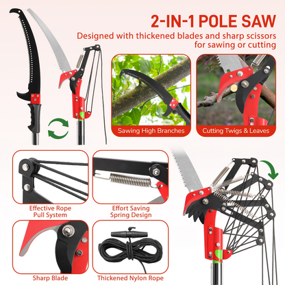 26FT Manual Pole Saw with Pruner & Bag for Garden, Patio and Yard Use, with the Listed Configuration