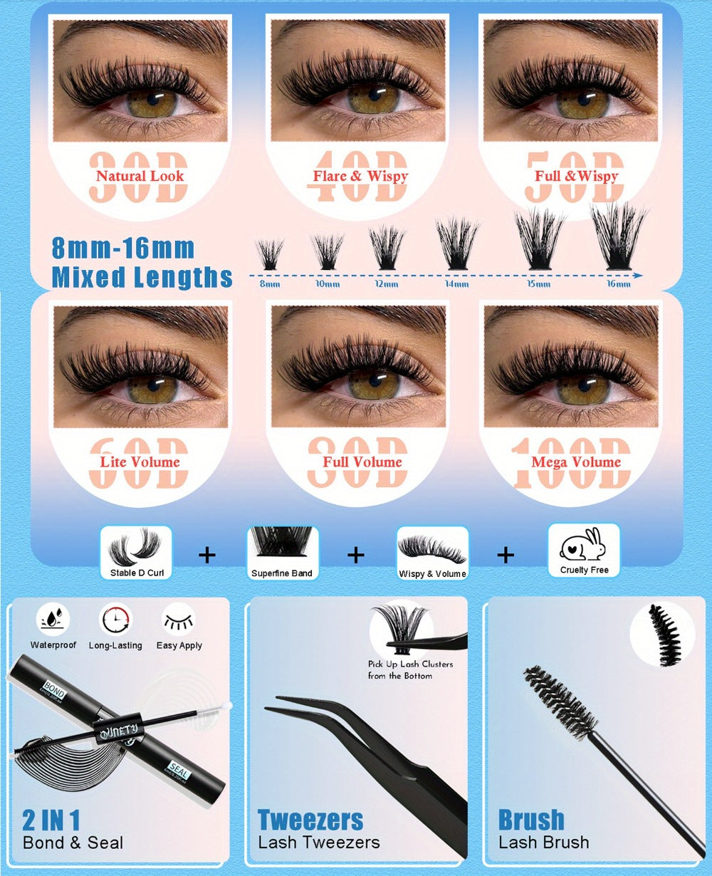 Complete 720-Piece Handmade Cluster Lash Kit with Glue & Tweezers, 30D to 100D, 6 Styles & Lengths