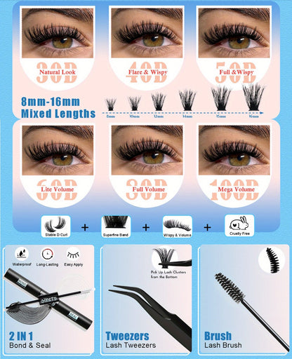 Complete 720-Piece Handmade Cluster Lash Kit with Glue & Tweezers, 30D to 100D, 6 Styles & Lengths