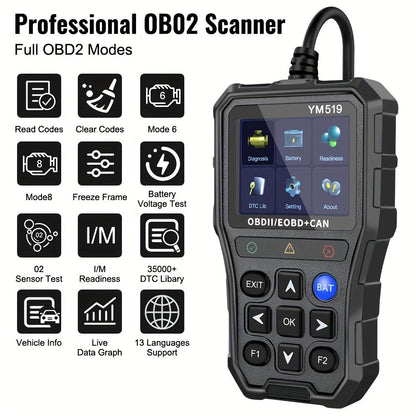 YM519 OBD2 Scanner with Color Screen, 13-Language Label, Battery Voltage and Live Data Icons