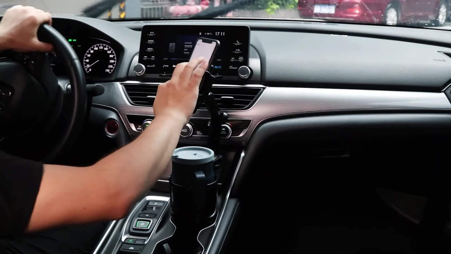 Cup-Holder Car Phone Mount with Bottle Recess, Double-Jointed Long Arm and Rotating Clamp Pictured