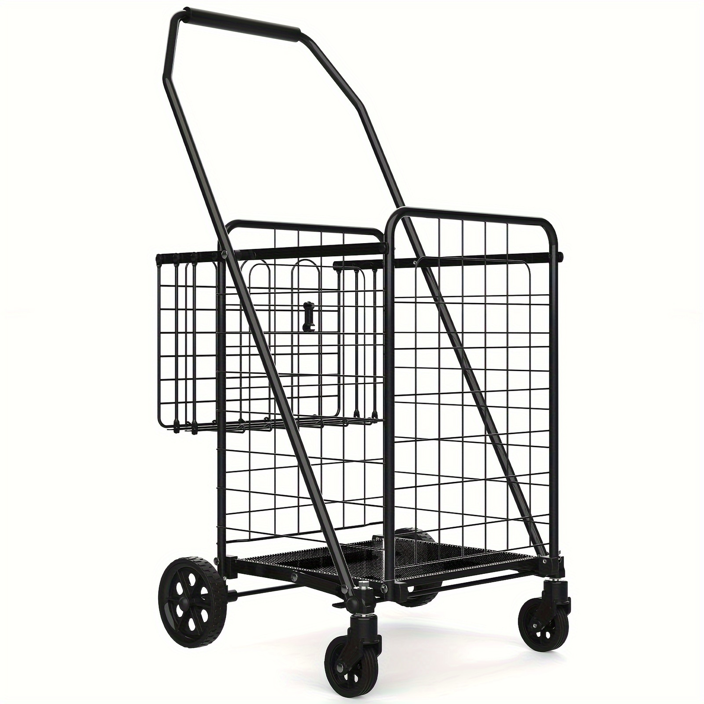 Folding Grocery Cart on Wheels, Double Basket Shopping Cart for Groceries Laundry Foldable Utility Cart