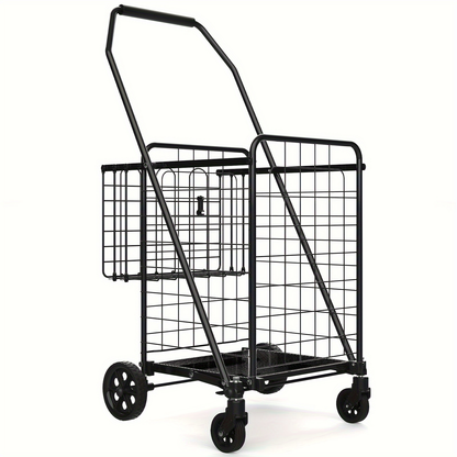 Folding Grocery Cart on Wheels, Double Basket Shopping Cart for Groceries Laundry Foldable Utility Cart