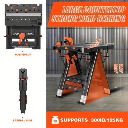 Folding Workbench Sawhorse 2-in-1 Height Adjustable Aluminum Legs Clamp Force with 4 Woodworking Clamps for DIY Garage Workshop Portable