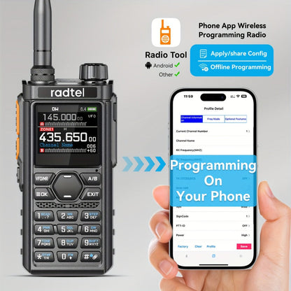 Tri-Band Ham Radio Handheld Walkie Talkie Radtel RT-910B, 6M VHF UHF Air Band Two-Way Radio, APP Programming