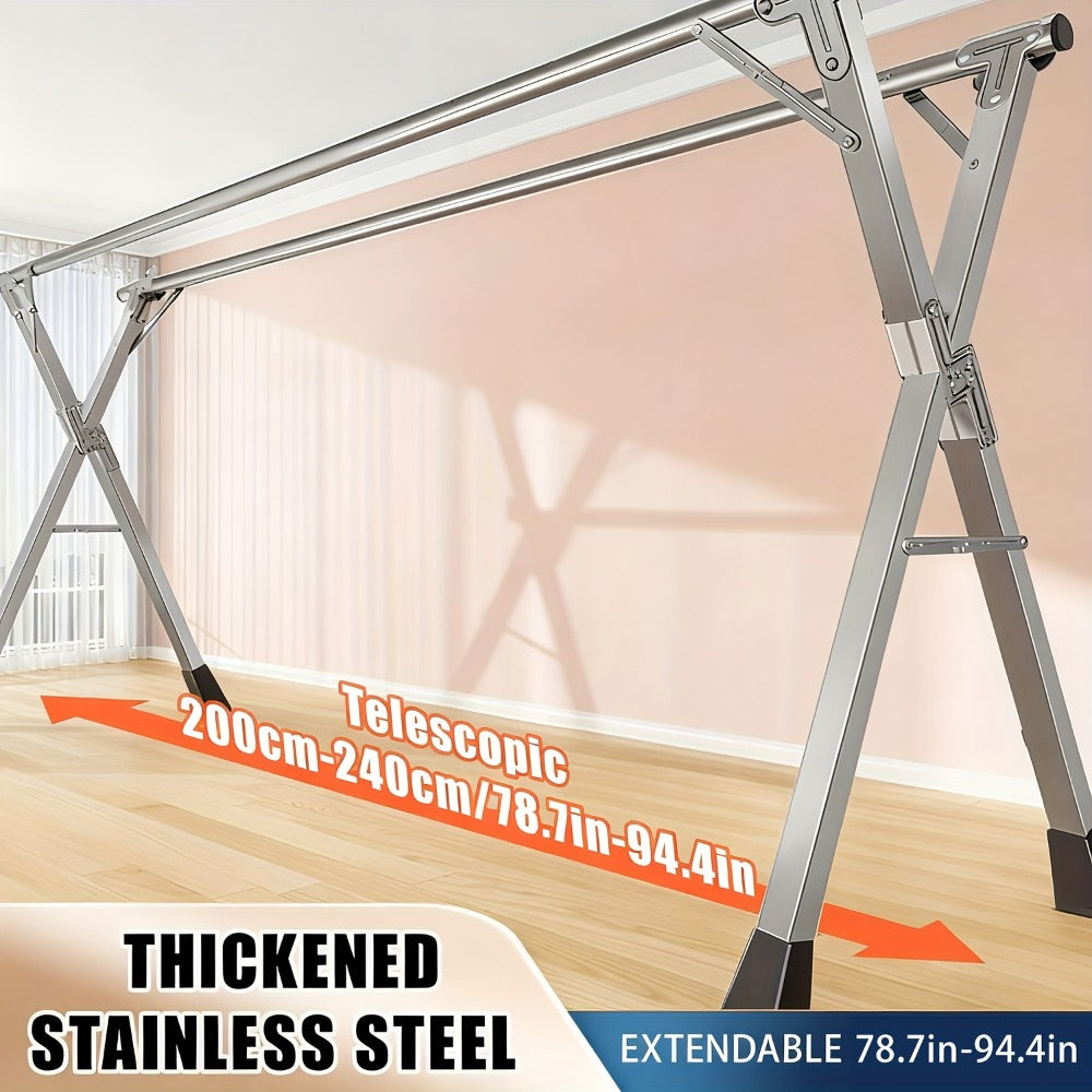 Folding A-Frame Clothes Drying Rack with Telescopic Rods, Wheels, Hooks and Four 62.9-94.4-Inch Layouts