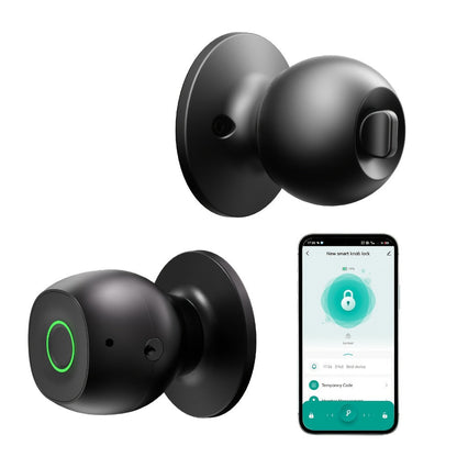 Smart Door Lock Tuya Smart Life Round Knob with Fingerprint App and Mechanical Key Access in Black