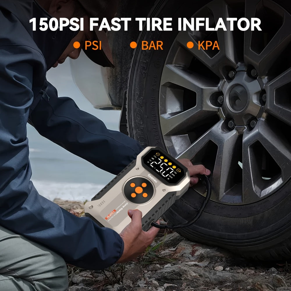 5000A Peak Jump Starter with Air Compressor 150PSI Digital Tire Inflator for 12V Gas Diesel Vehicles – Portable Car Battery Booster USB