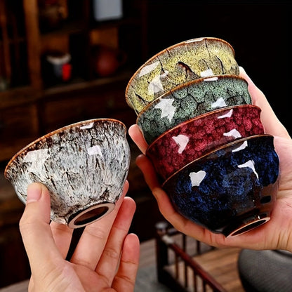 Kung Fu Tea Cups Set of 5 – Handmade Kiln-Fired Jianzhan Ceramic Teacups – Five-Element Design in 5 Colors with Gift Box
