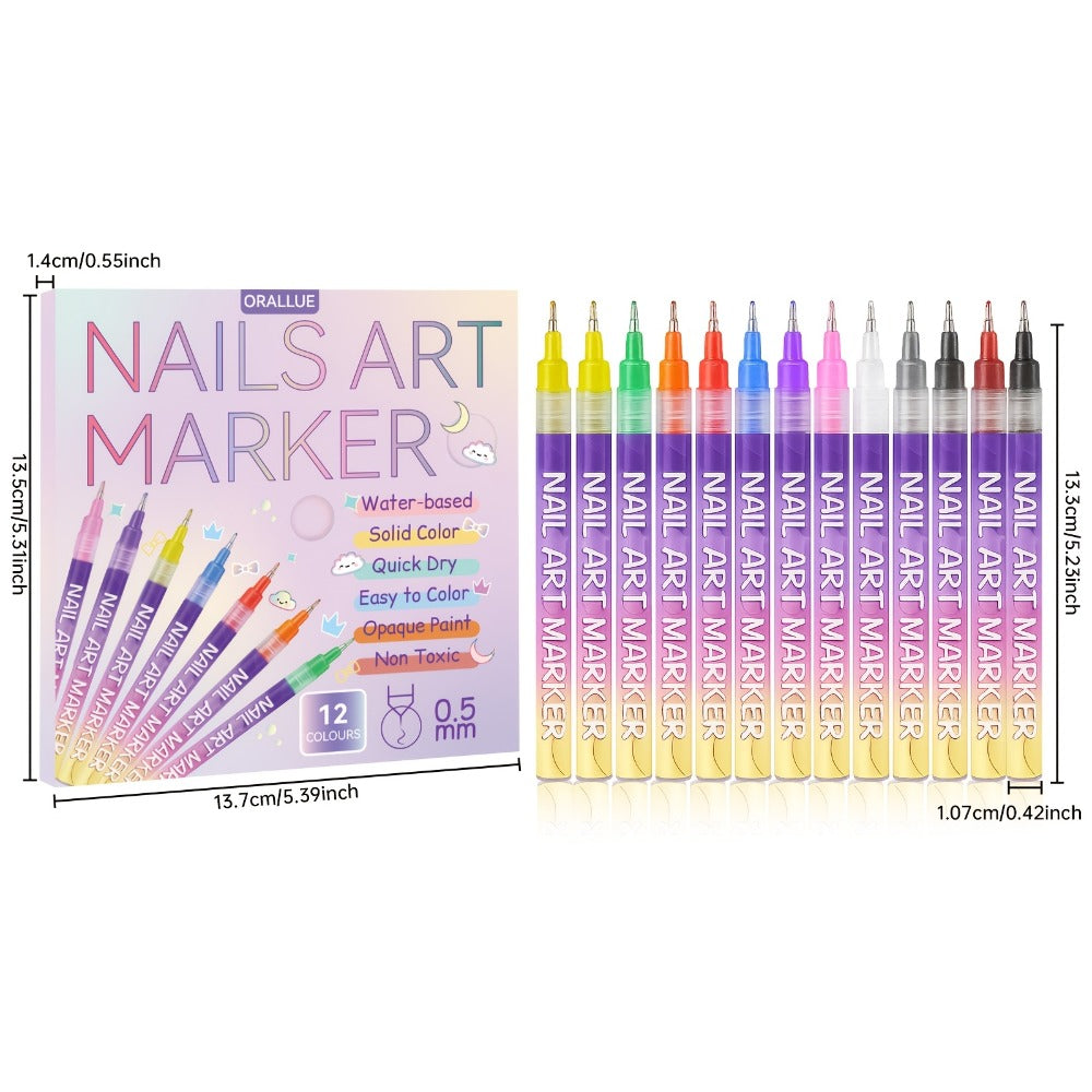 Nail Art Pens 12-Piece Water-Based Marker Set with 0.5mm Fine Tips for Lines and Small Decorative Details