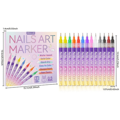 Nail Art Pens 12-Piece Water-Based Marker Set with 0.5mm Fine Tips for Lines and Small Decorative Details