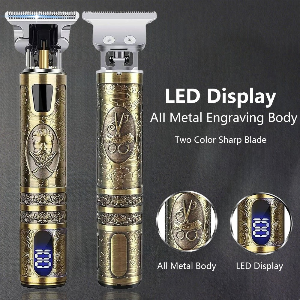 Hair Clippers & Trimmers Vintage Gold T-Blade Model with LCD Display, USB Charging and Three Etched Designs