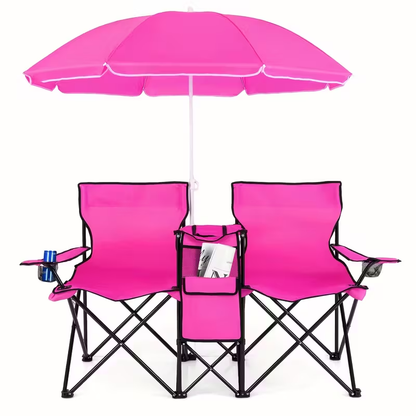 Folding Picnic Chair Set for 2, Umbrella, Cooler Bag & Table, 600 Lbs Capacity, Portable, for Camping, Travel and Outdoor Use