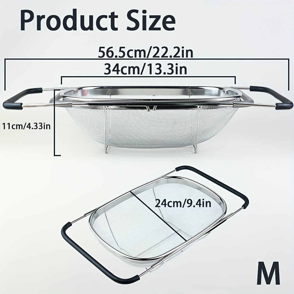 Expandable Sink Colander Stainless Steel, Over the Sink Strainer Basket with Fine Mesh & Rubber Grip