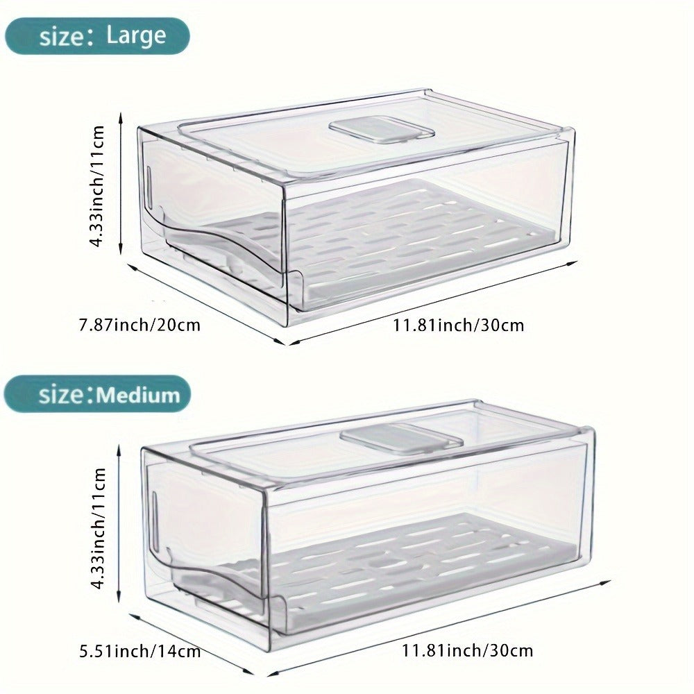 Stackable Fridge Organizer Bins with Drawer, Refrigerator Storage Containers with Drain Board & Ventilation
